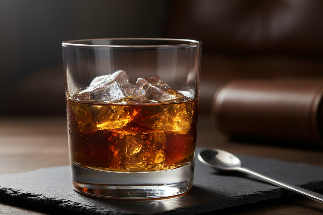 rum glass dark caramel colour on ice in a glass