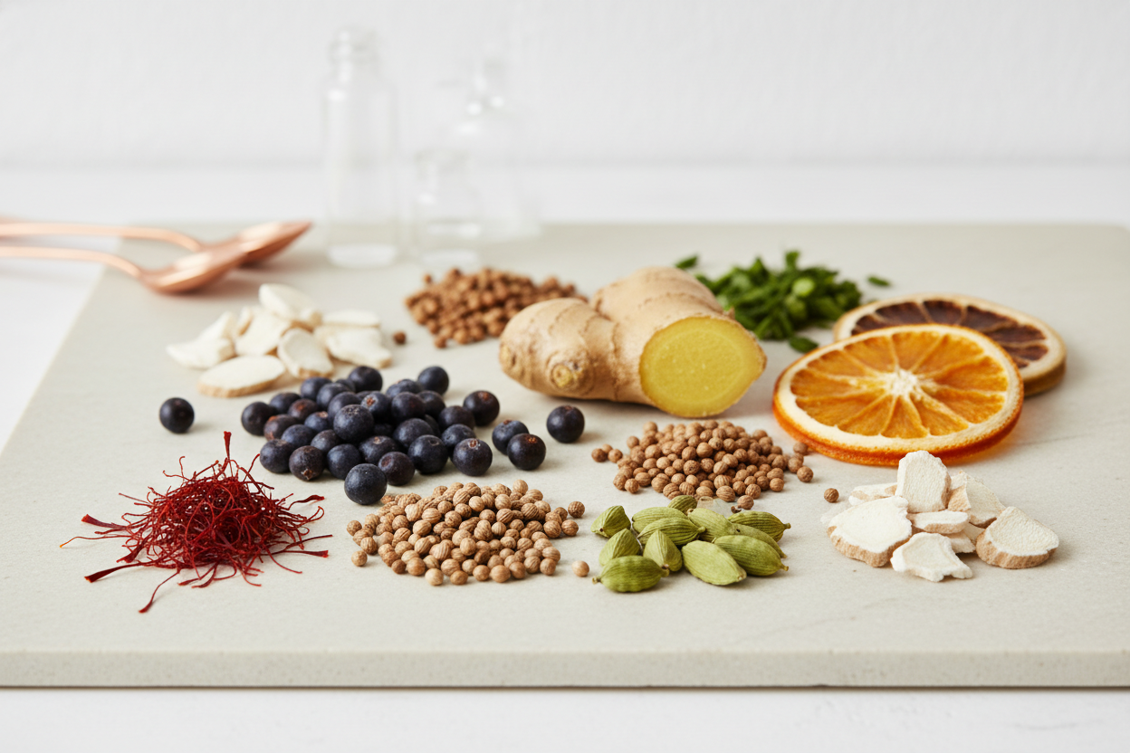 saffron, junniper, coriander, cardamon, ginger, orange, orris, arranged together