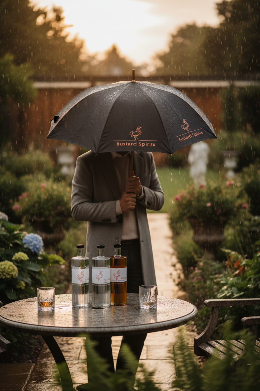 Umbrella in-use with Bustard bottles - garden scene