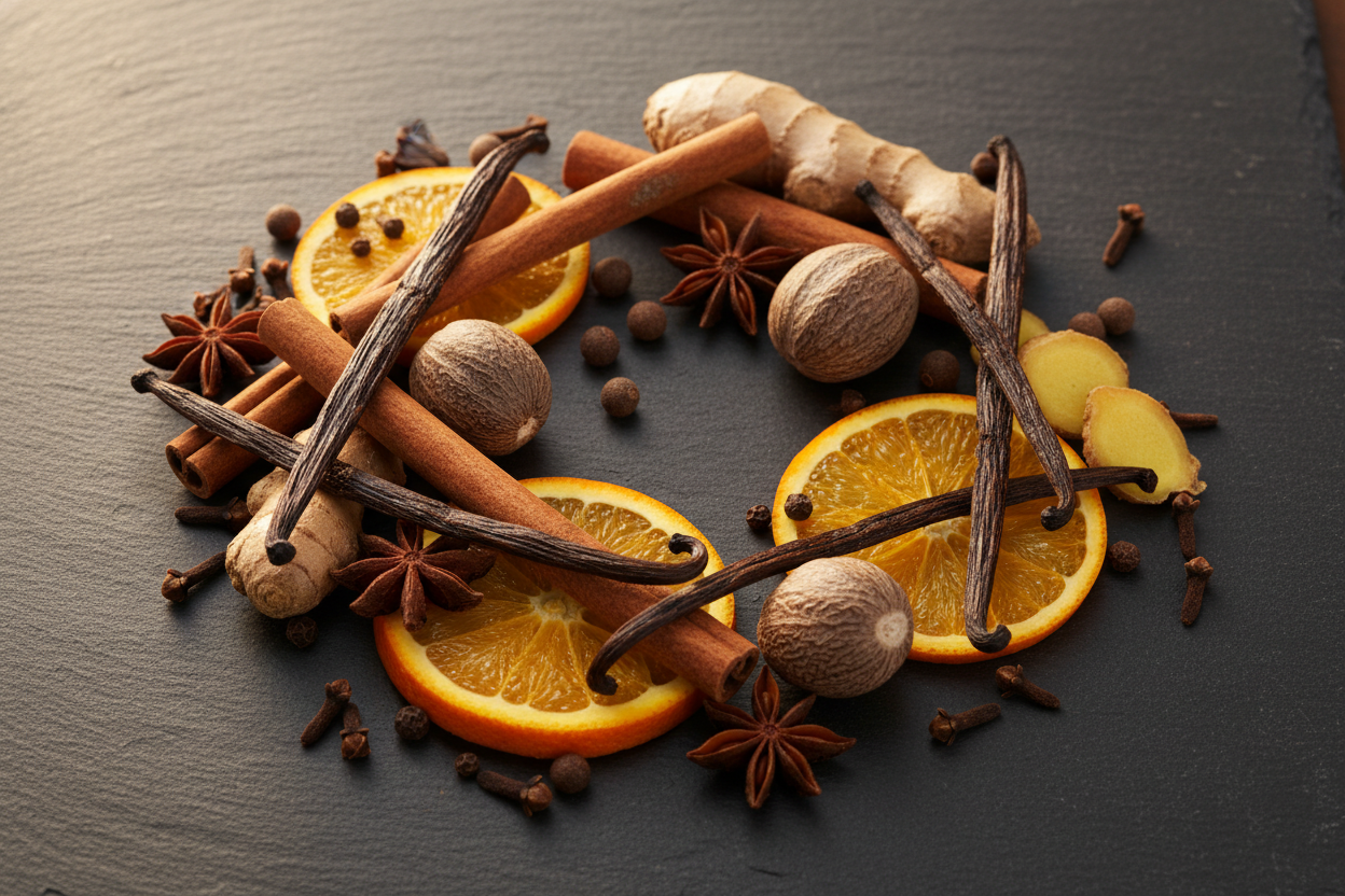 vanilla, cinnamon, nutmeg, orange, all spice, ginger, clove arranged together