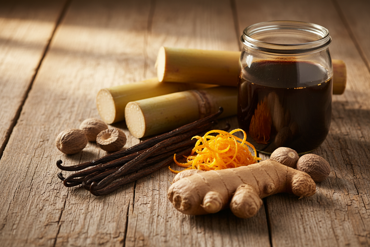 vanilla, orange zest, molasses, sugar cane, ginger and nutmeg all arranged together